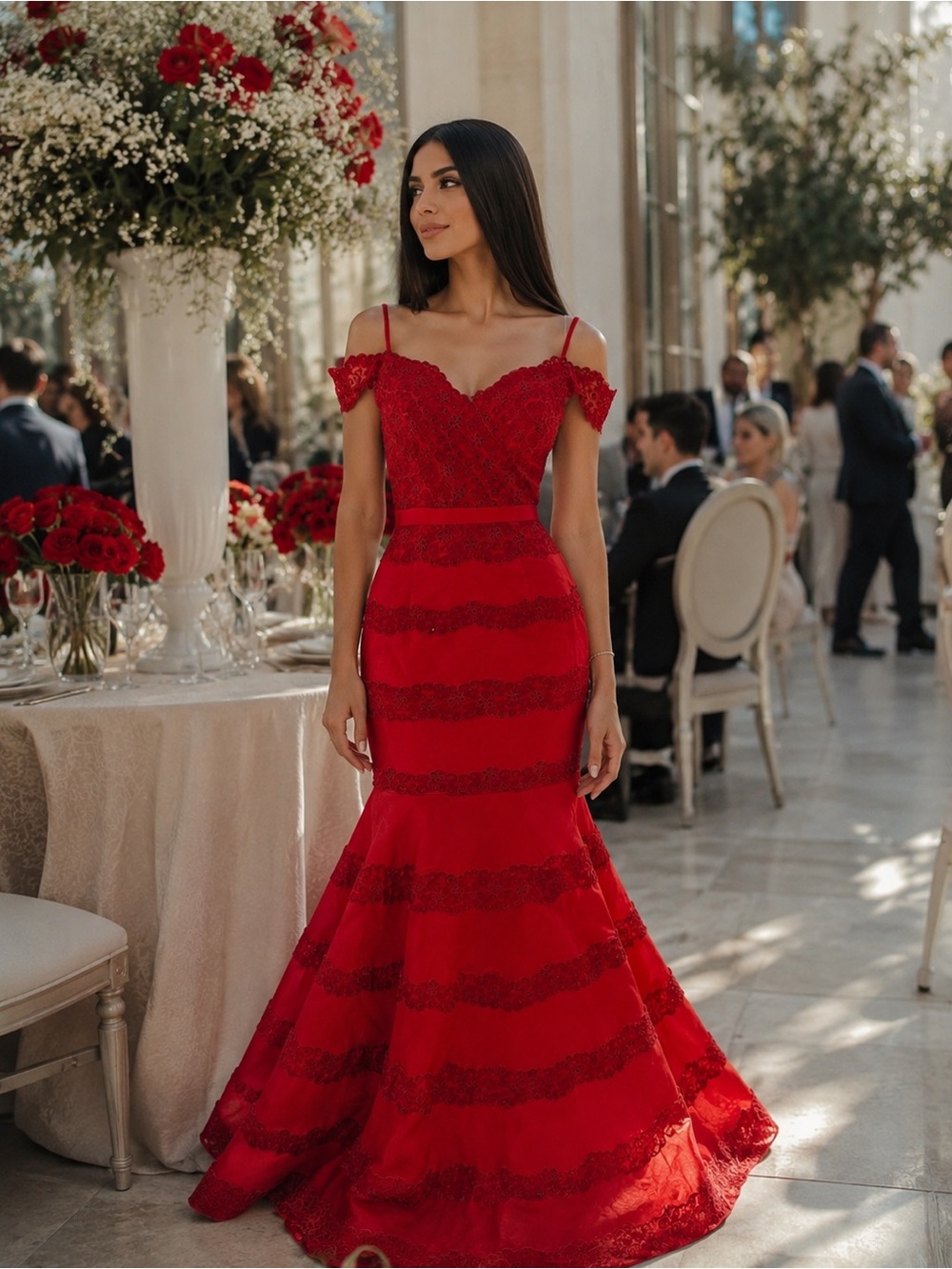 Red One-Shoulder Lace Mermaid Evening Gown